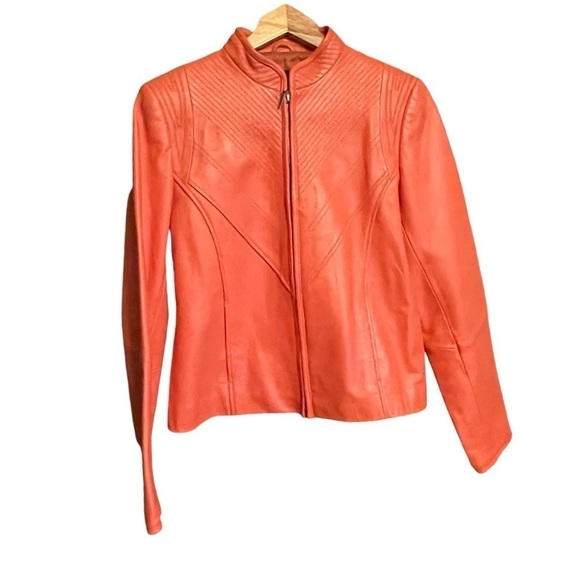 Bianca Nygard Orange Leather Crop Jacket-Zip up-Texturized Stitching - Size 8 - Picture 1 of 12